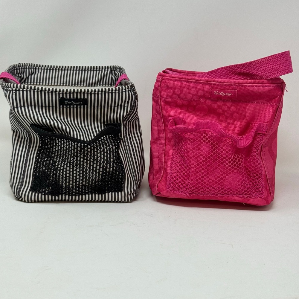 Thirty One Little Carryall Caddys Organizer Bag Black White Stripes Pink Dots
